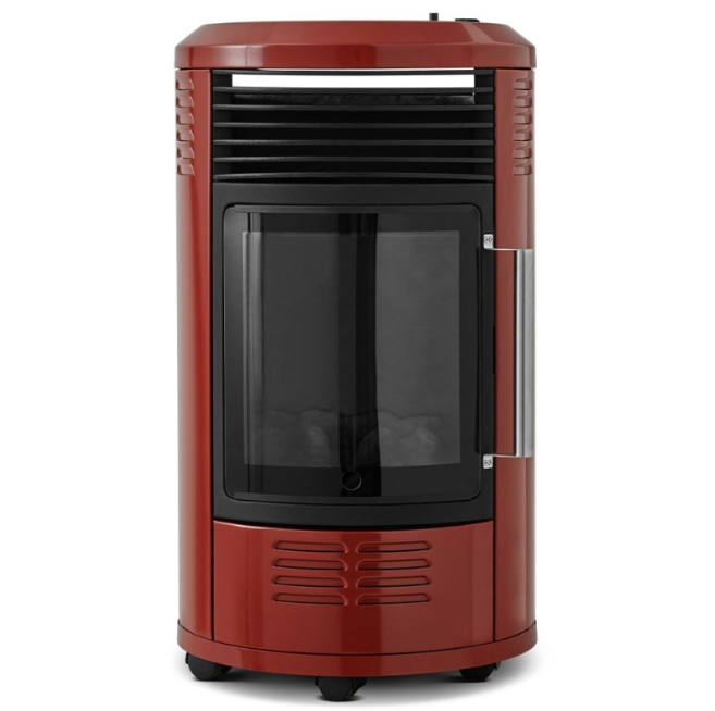 Volga, Rouge brique chauffage d'appoint à gaz Infrableu 3400W Imitation effet feu de cheminée + Tuyau et Détendeur