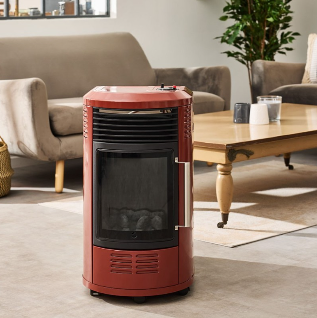 Volga, Rouge brique chauffage d'appoint à gaz Infrableu 3400W Imitation effet feu de cheminée + Tuyau et Détendeur