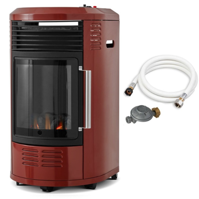 Volga, Rouge brique chauffage d'appoint à gaz Infrableu 3400W Imitation effet feu de cheminée + Tuyau et Détendeur