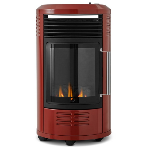Volga, Rouge brique chauffage d'appoint à gaz Infrableu 3400W Imitation effet feu de cheminée + Tuyau et Détendeur
