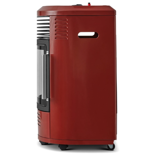 Volga, Rouge brique chauffage d'appoint à gaz Infrableu 3400W Imitation effet feu de cheminée + Tuyau et Détendeur